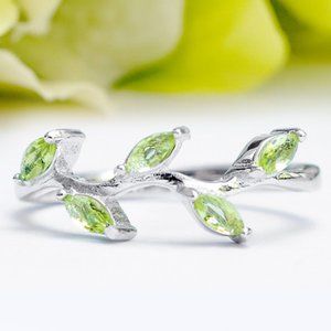 Green Peridot Leaf gemstone ring, 925 Sterling Silver, 10k gold Charmed Aroma